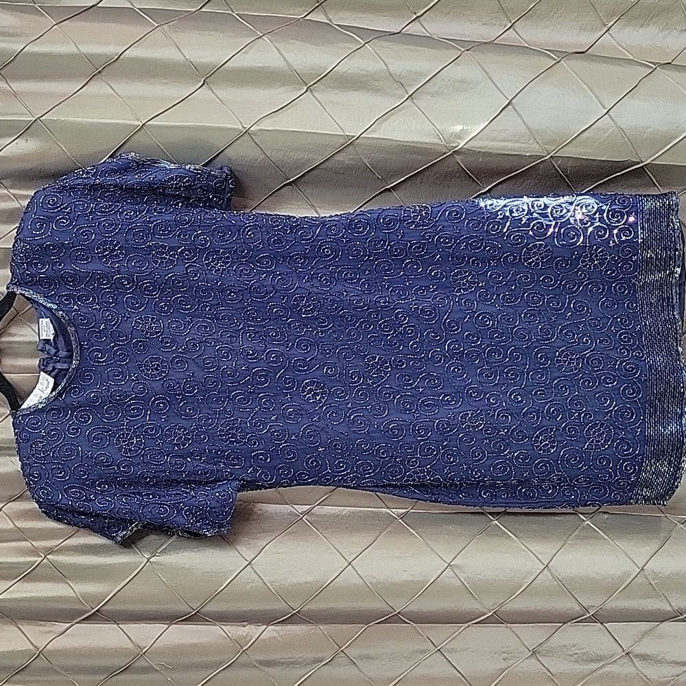EUC- Vintage Laurence Kazar NAVY 100% Silk Cap Sleeve Beaded Cocktail Dress